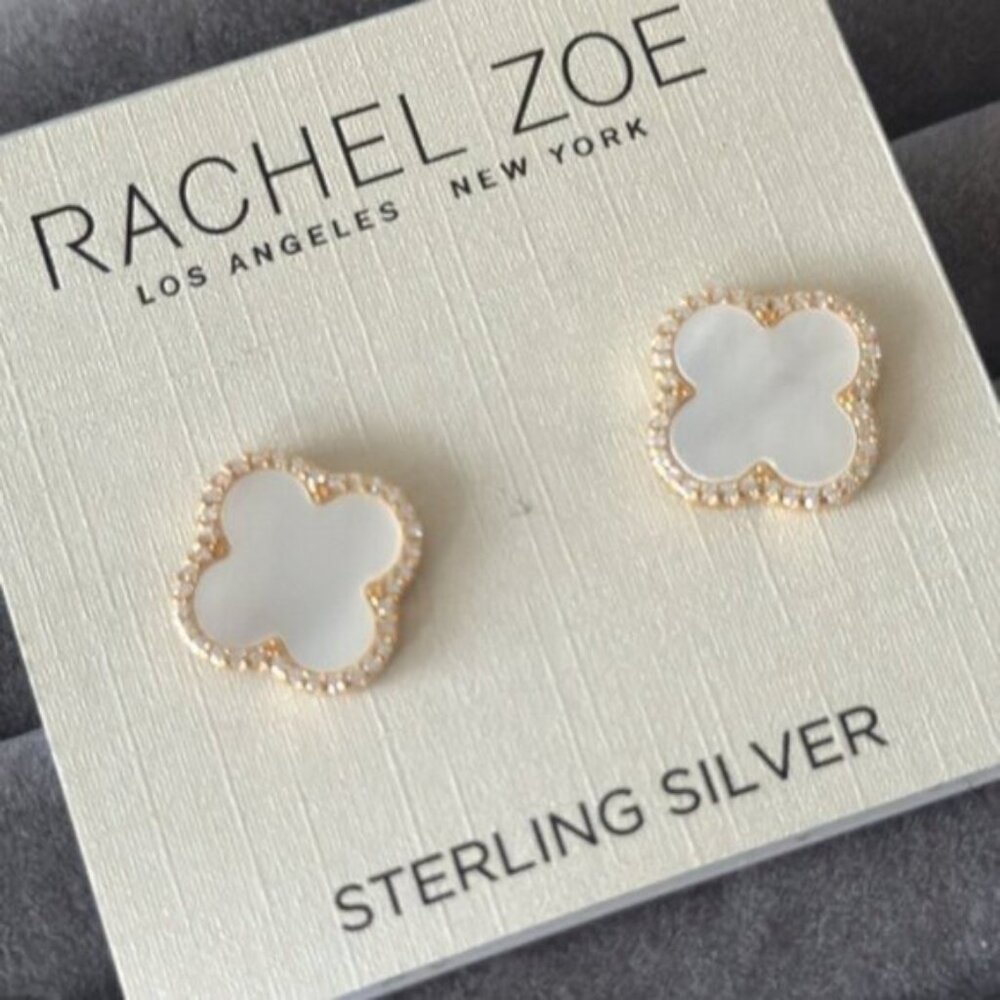 Rachel Zoe Mother of Pearl Sterling Silver 925 Gold Plated Clover Stud Earrings